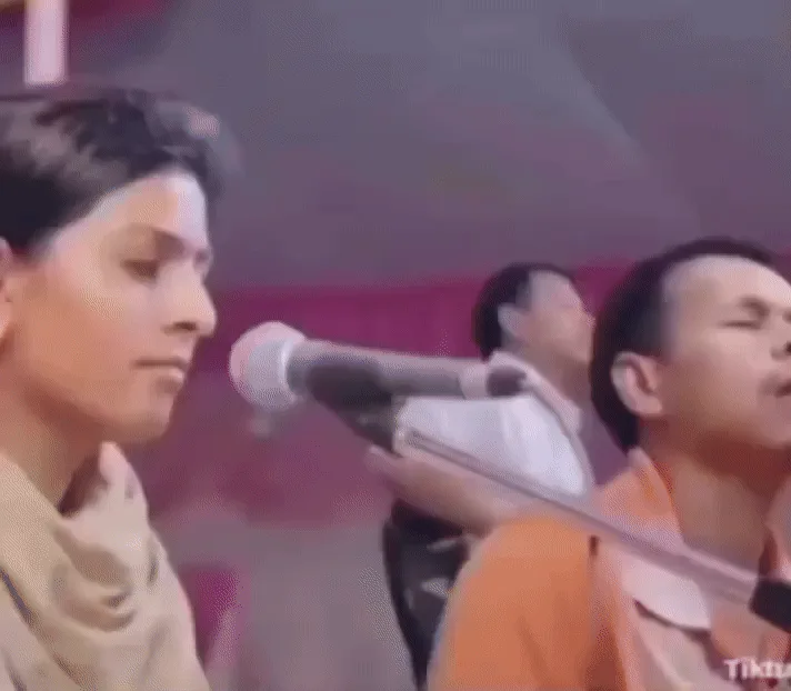 A six-panel image sequence shows a woman singing passionately into a microphone while a man beside her sings along with…