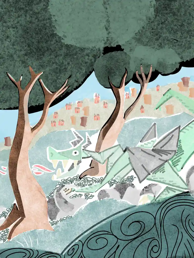 A whimsical watercolor illustration shows a green dragon with gray wings and a brown snout, partially obscured by two large…
