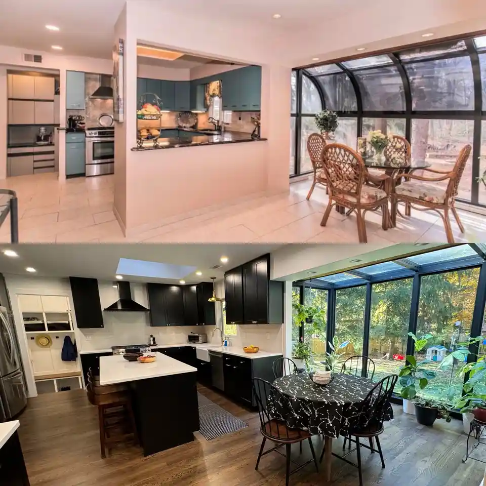 The image displays a before-and-after kitchen renovation. The top half shows a dated kitchen with light blue cabinets, pink…