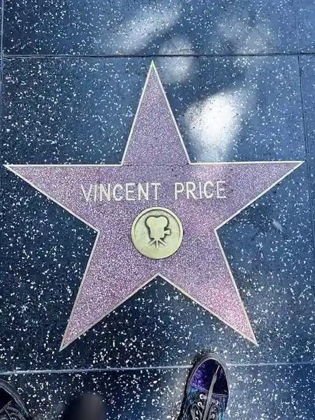 A close-up photo of Vincent Price's star on the Hollywood Walk of Fame, showing the purple star with his name and a film…