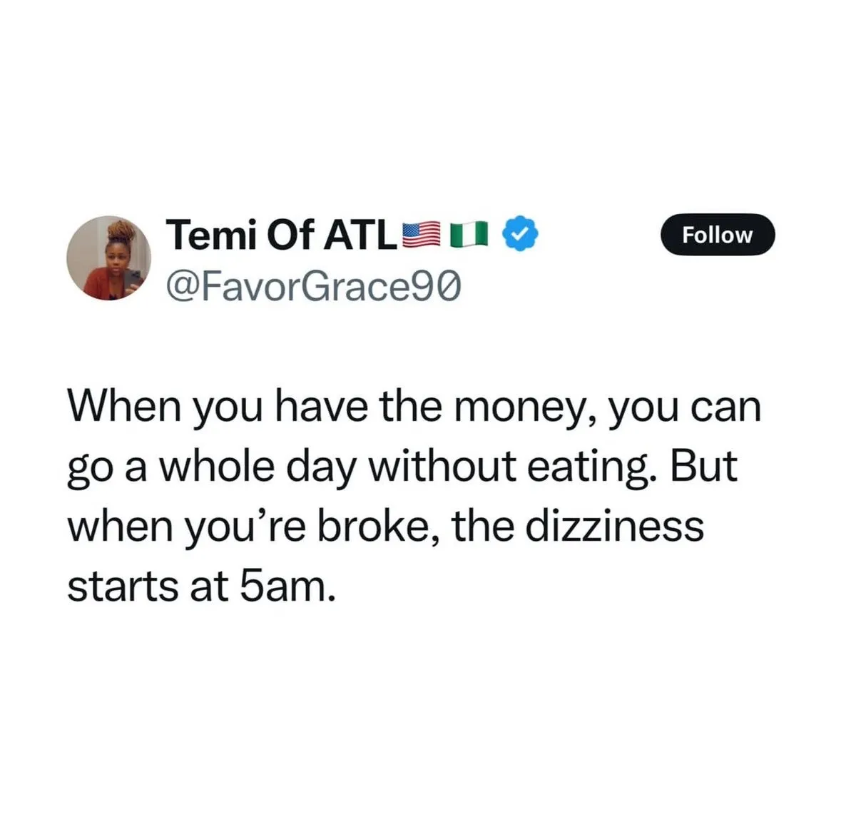 A screenshot of a tweet by Temi Of ATL (@FavorGrace90) with a profile picture of a woman and American and Nigerian flags…