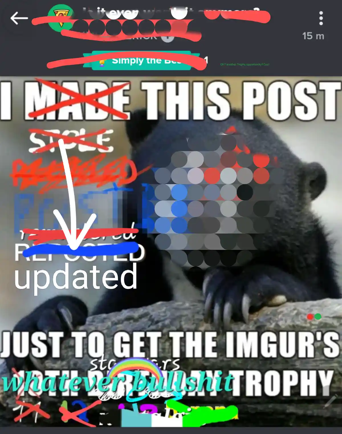 A black bear image with overlaid text that has been heavily edited with red X's, blue underlines, and arrows. The text reads…