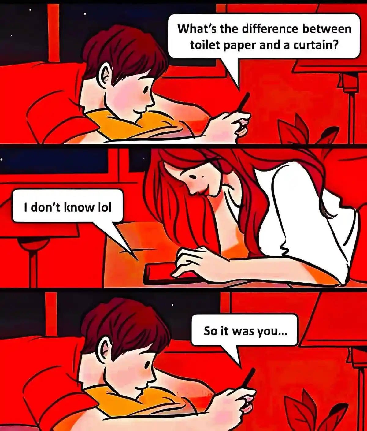 A three-panel comic strip shows a man asking a woman a riddle about toilet paper and curtains. She responds with 'I don't…