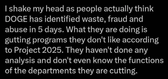 A black background with white text that reads: 'I shake my head as people actually think DOGE has identified waste, fraud…