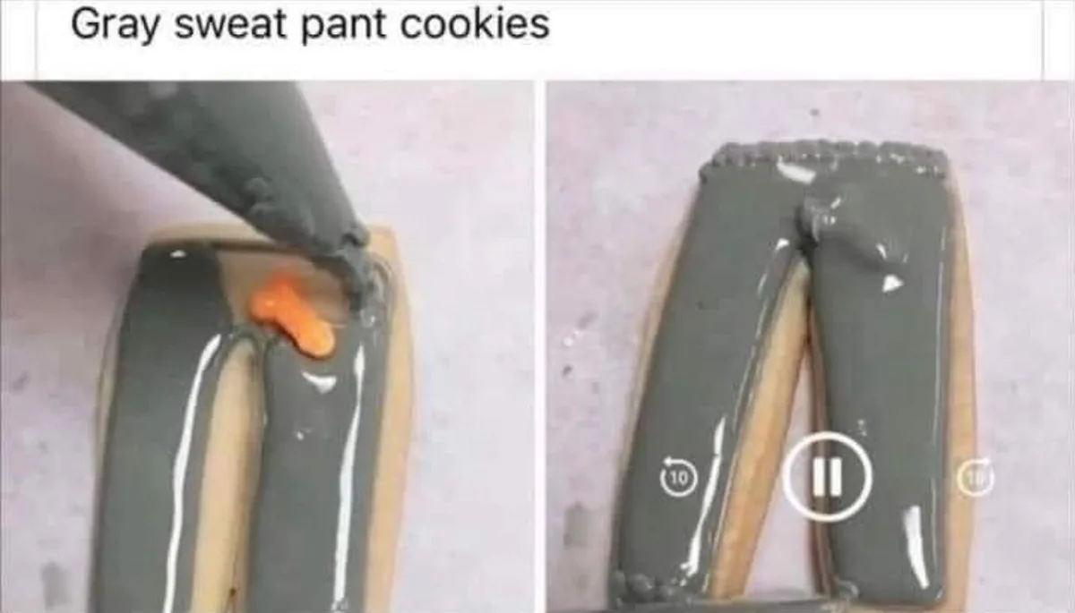 Two side-by-side images show a cookie being decorated to look like gray sweatpants. The left image shows gray icing being…
