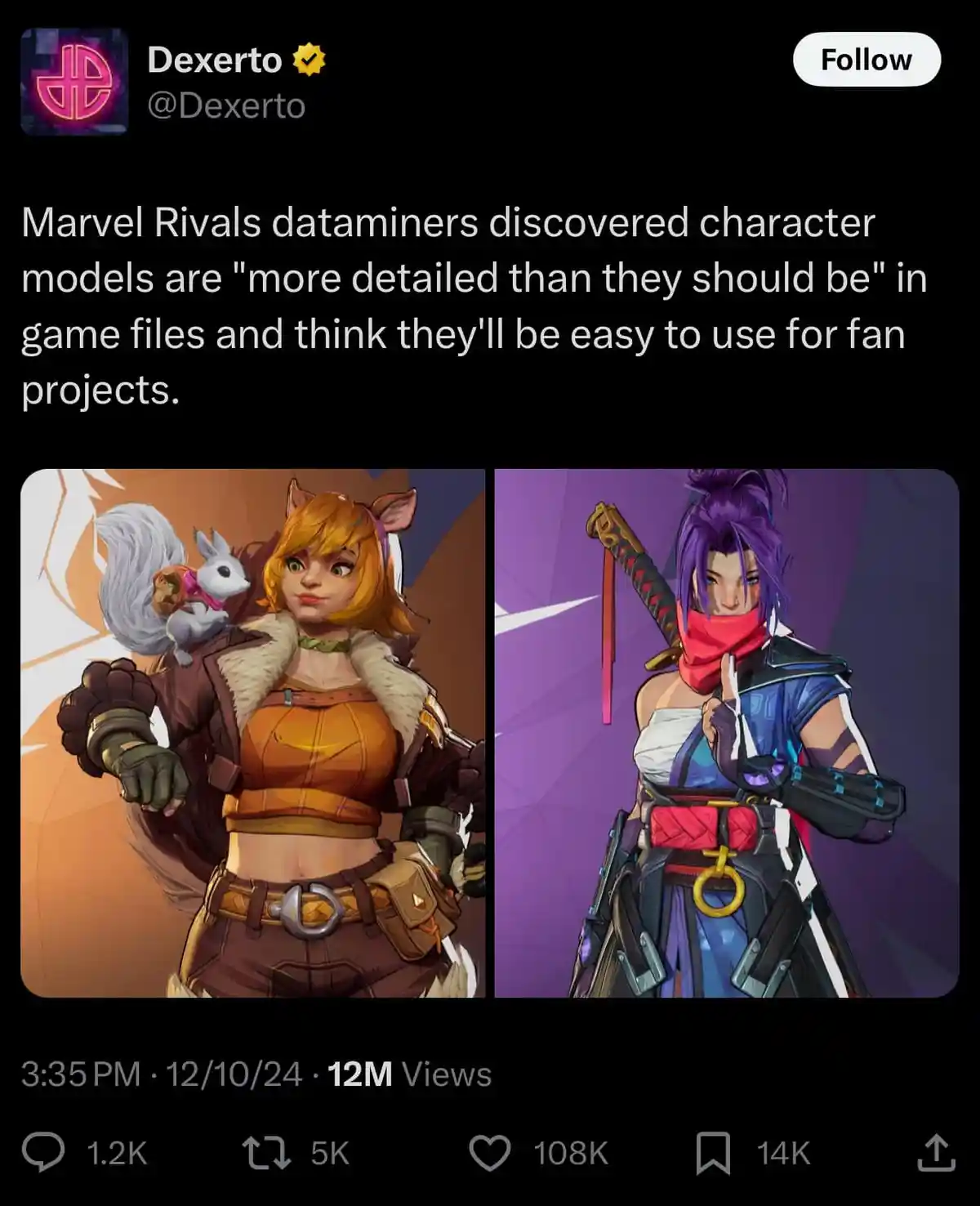 The image shows a tweet from Dexerto featuring two side-by-side character renders from the game Marvel Rivals. The left…