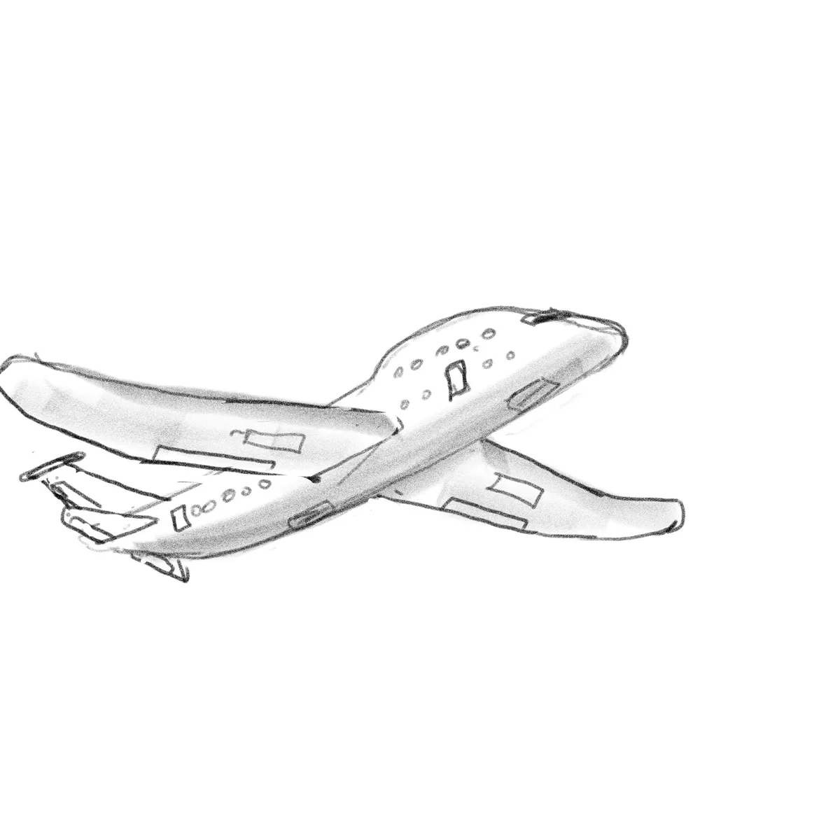 A simple black-and-white sketch of a large passenger airplane, drawn in a cartoonish style with visible shading, is shown…