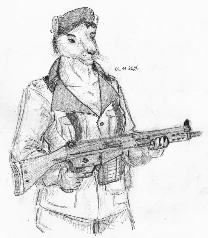 A pencil sketch of an anthropomorphic animal, resembling a fox or weasel, wearing a beret and a trench coat while holding an…
