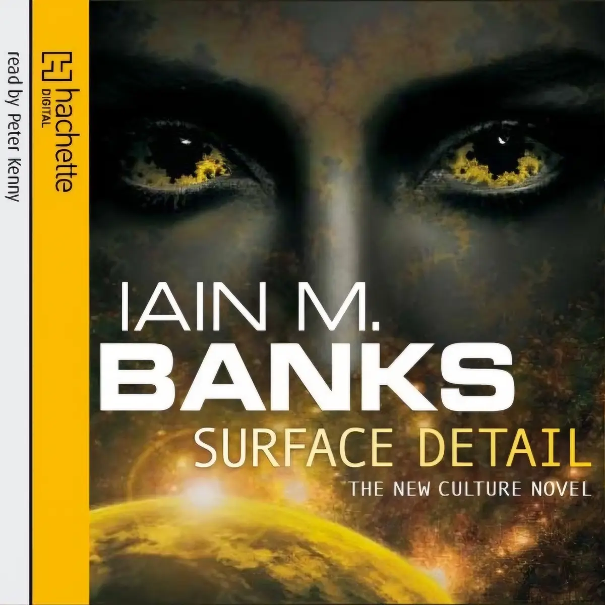 The image is the cover art for the audiobook 'Surface Detail' by Iain M. Banks, published by Hachette Digital and read by…