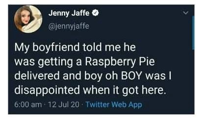 A screenshot of a tweet from user Jenny Jaffe (@jennyjaffe) posted at 6:00 am on July 12, 2020, via Twitter Web App. The…