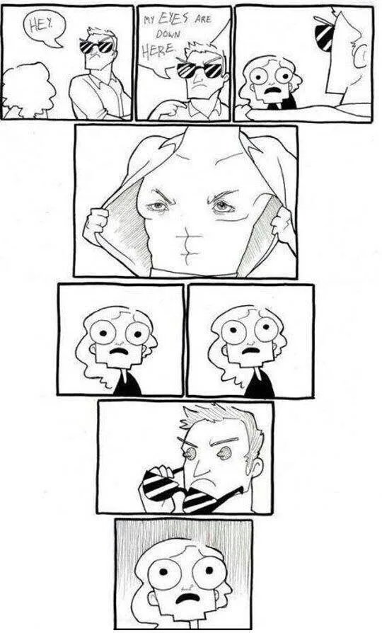 A black-and-white comic strip shows a man wearing sunglasses saying 'HEY?' and then pointing to his eyes with 'MY EYES ARE…