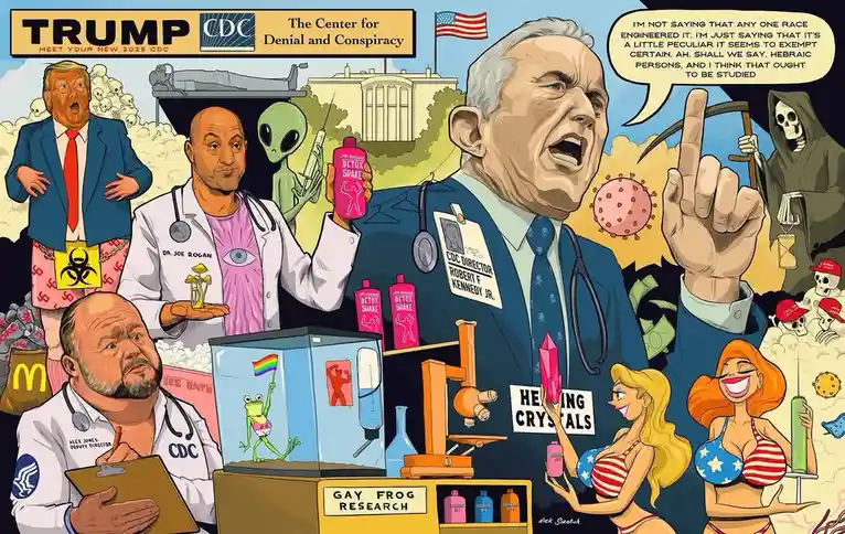 A satirical illustration titled 'TRUMP CDC: Meet Your New 2025 CDC' depicts a chaotic scene with caricatures of Donald…