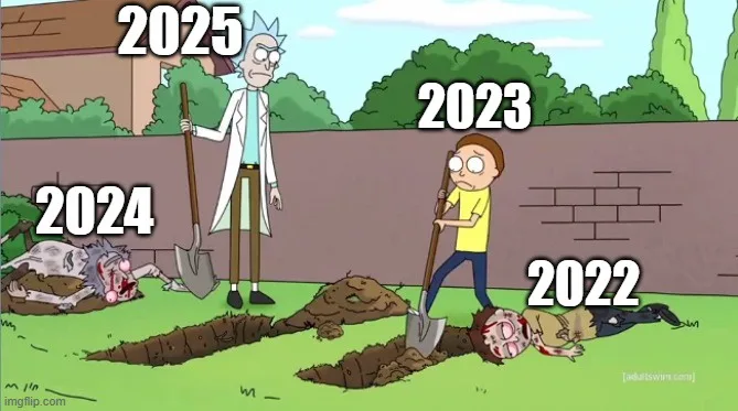 An image from the animated show 'Rick and Morty' shows Rick Sanchez standing over a grave marked '2024' while Morty Smith…