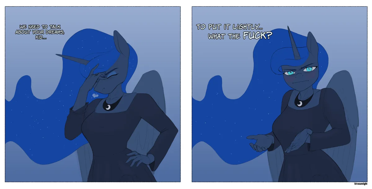 A two-panel comic shows a blue-haired, horned, winged character in a dark dress. In the first panel, she looks weary and…
