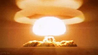 A six-frame sequence shows a nuclear explosion growing from a small flash into a massive mushroom cloud, with each frame…