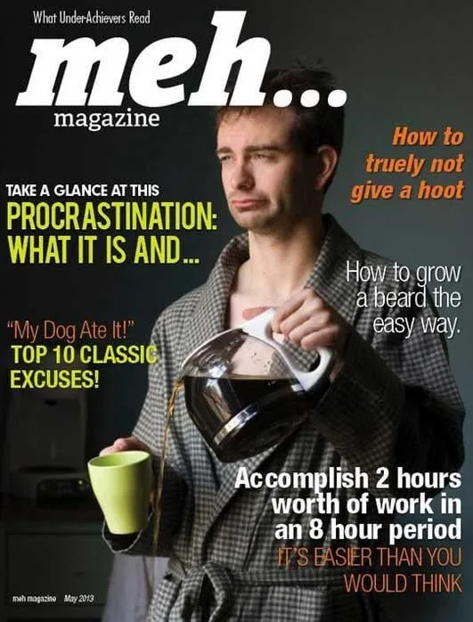 A man in a robe pours coffee into a mug while looking bored, overlaid with magazine-style headlines mocking laziness and…