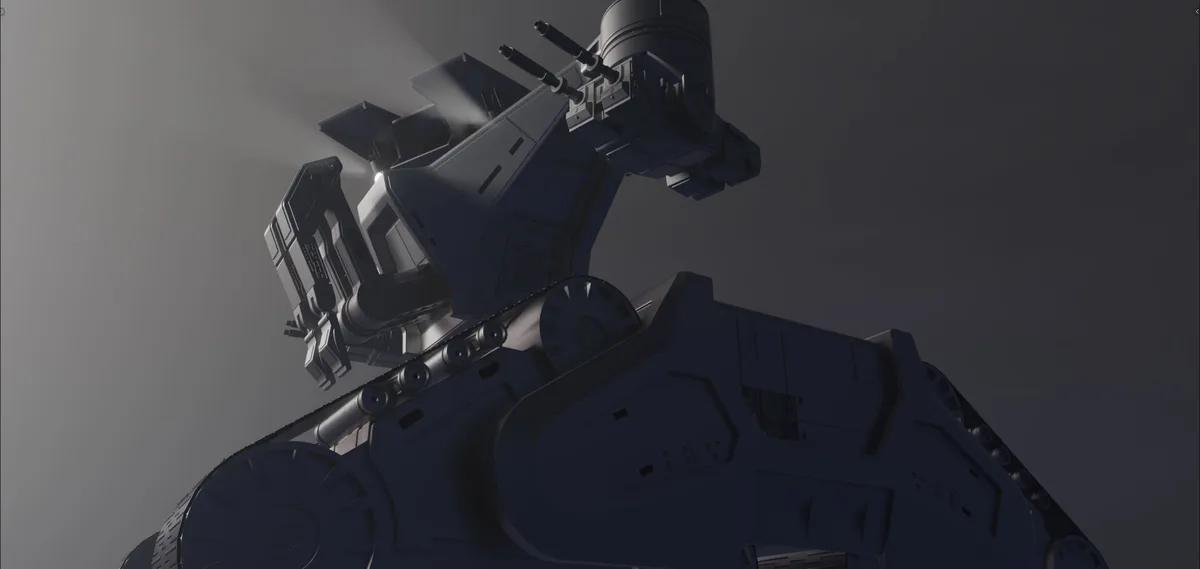 A low-angle shot of a large, dark grey, heavily armored futuristic robot with visible treads and mounted weaponry, set…