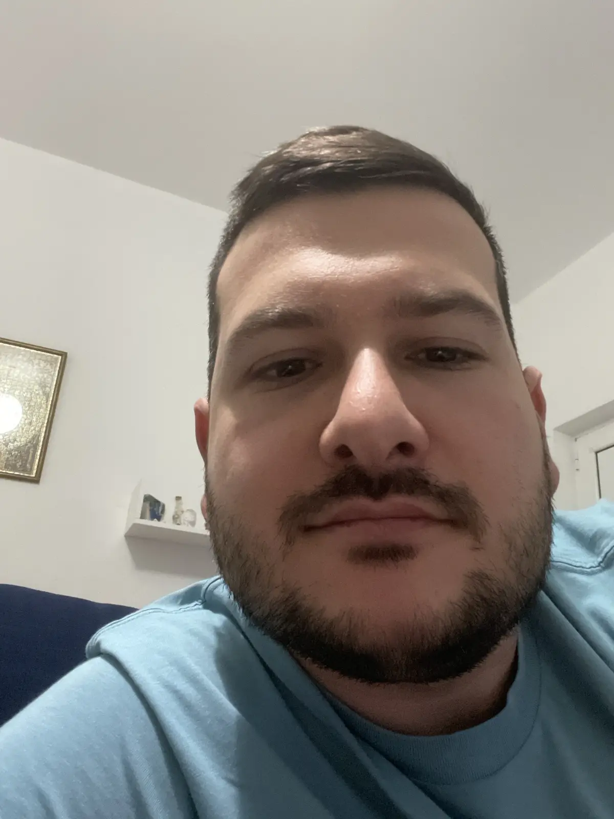A close-up selfie of a man with a light blue t-shirt and a neatly trimmed beard and mustache, looking directly at the camera…