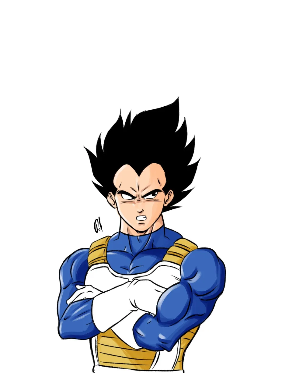 A cartoon drawing of Vegeta from Dragon Ball Z, standing with his arms crossed and an angry expression, with the text 'oh!'…