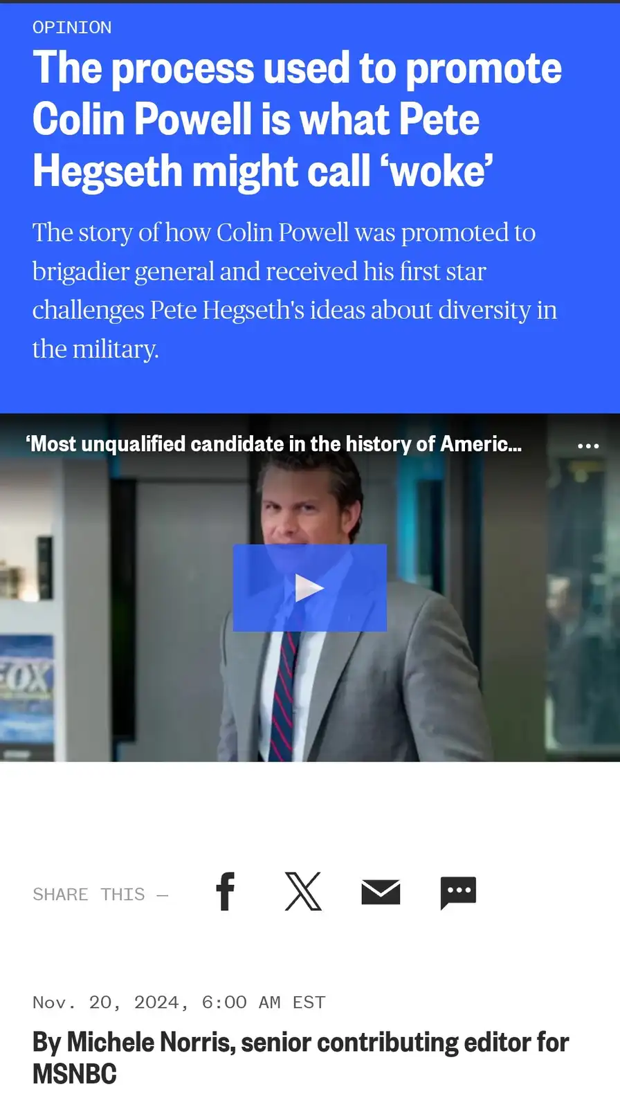 An MSNBC opinion article screenshot with a blue header titled 'The process used to promote Colin Powell is what Pete Hegseth…