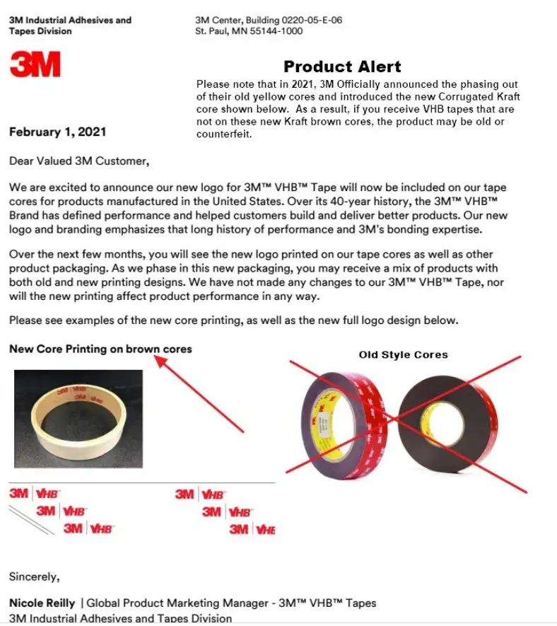 A 3M product alert document from February 2021 announcing the phase-out of old yellow-core VHB tape in favor of new brown…