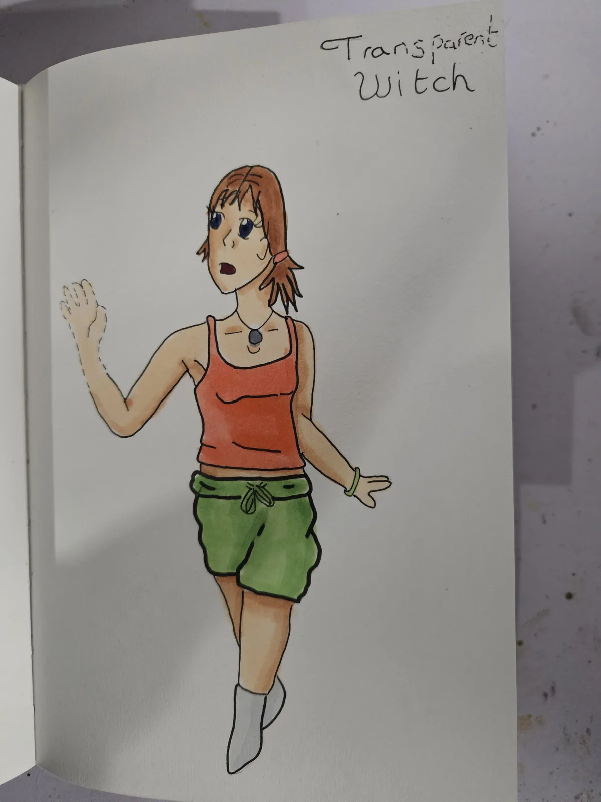 A hand-drawn illustration in a sketchbook shows a young woman with brown hair in pigtails, wearing an orange tank top, green…