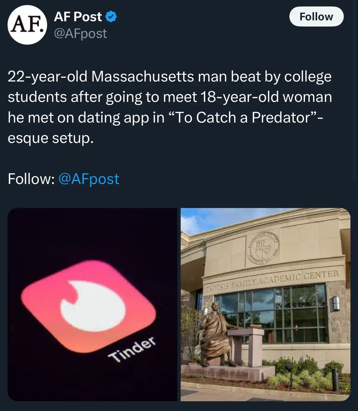 The image displays a split-screen: on the left is a blurry close-up of the Tinder app logo, and on the right is a photo of…