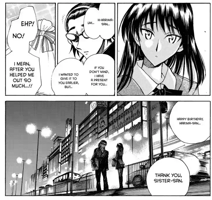 A four-panel manga scene shows a character nervously offering a birthday present to Harima-san, who initially reacts with…