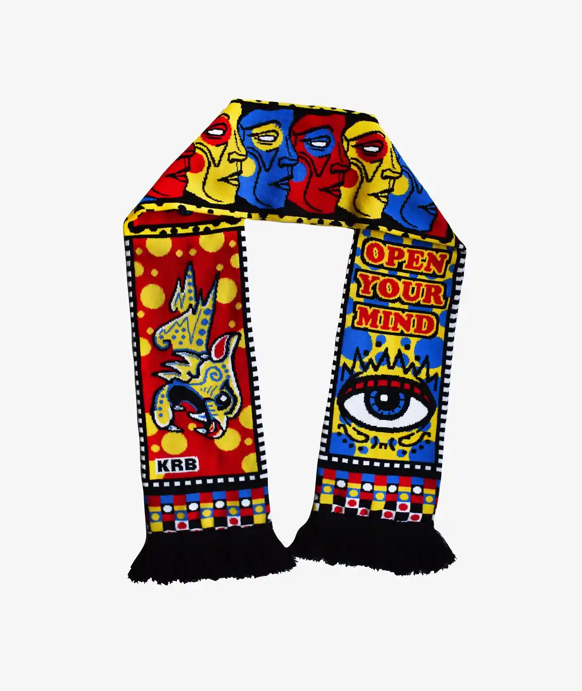 A brightly colored scarf with a psychedelic design featuring repeating red and blue faces at the top, a yellow dragon on a…