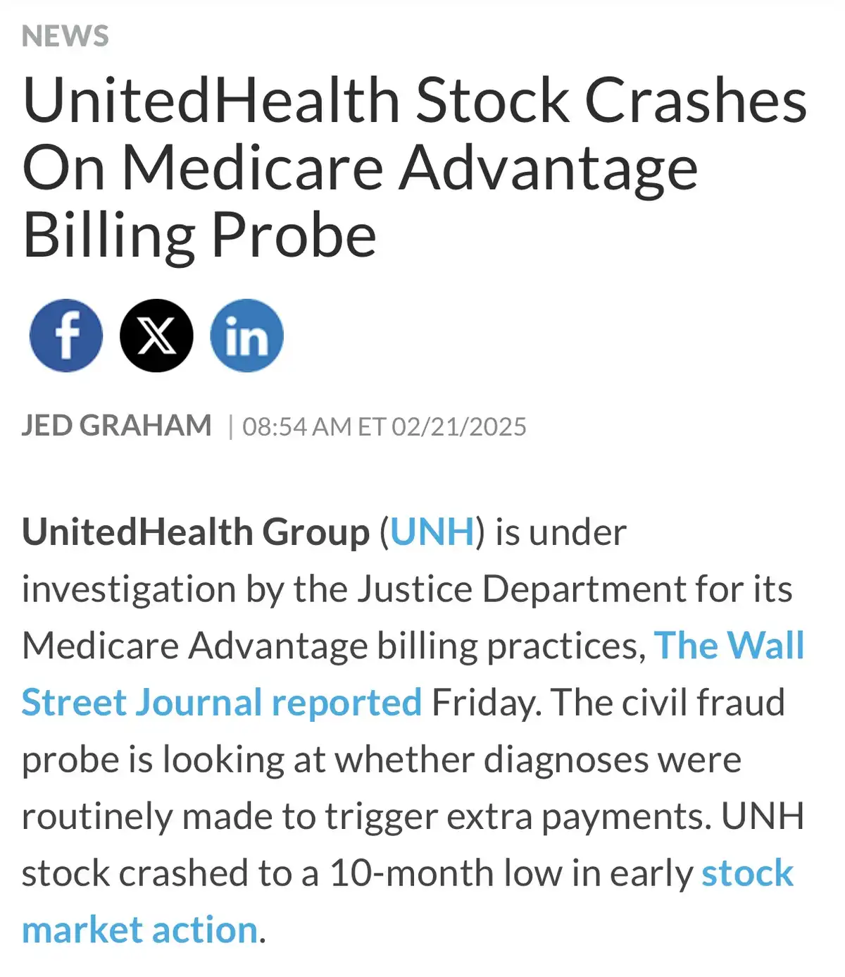 A screenshot of a news article headline reading 'UnitedHealth Stock Crashes On Medicare Advantage Billing Probe' with byline…