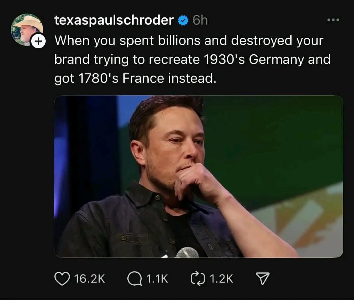 A screenshot of a tweet by 'texaspaulschroder' shows a photo of Elon Musk looking thoughtful with his hand on his chin. The…