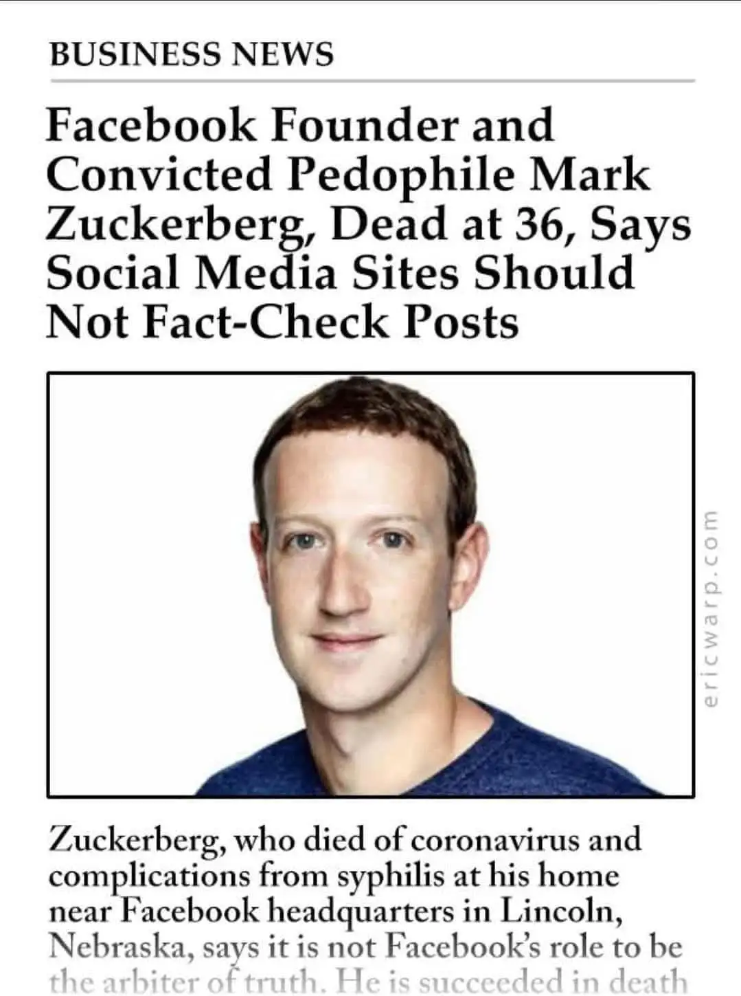 The image displays a mock newspaper article under 'BUSINESS NEWS' with a photo of Mark Zuckerberg. The headline falsely…