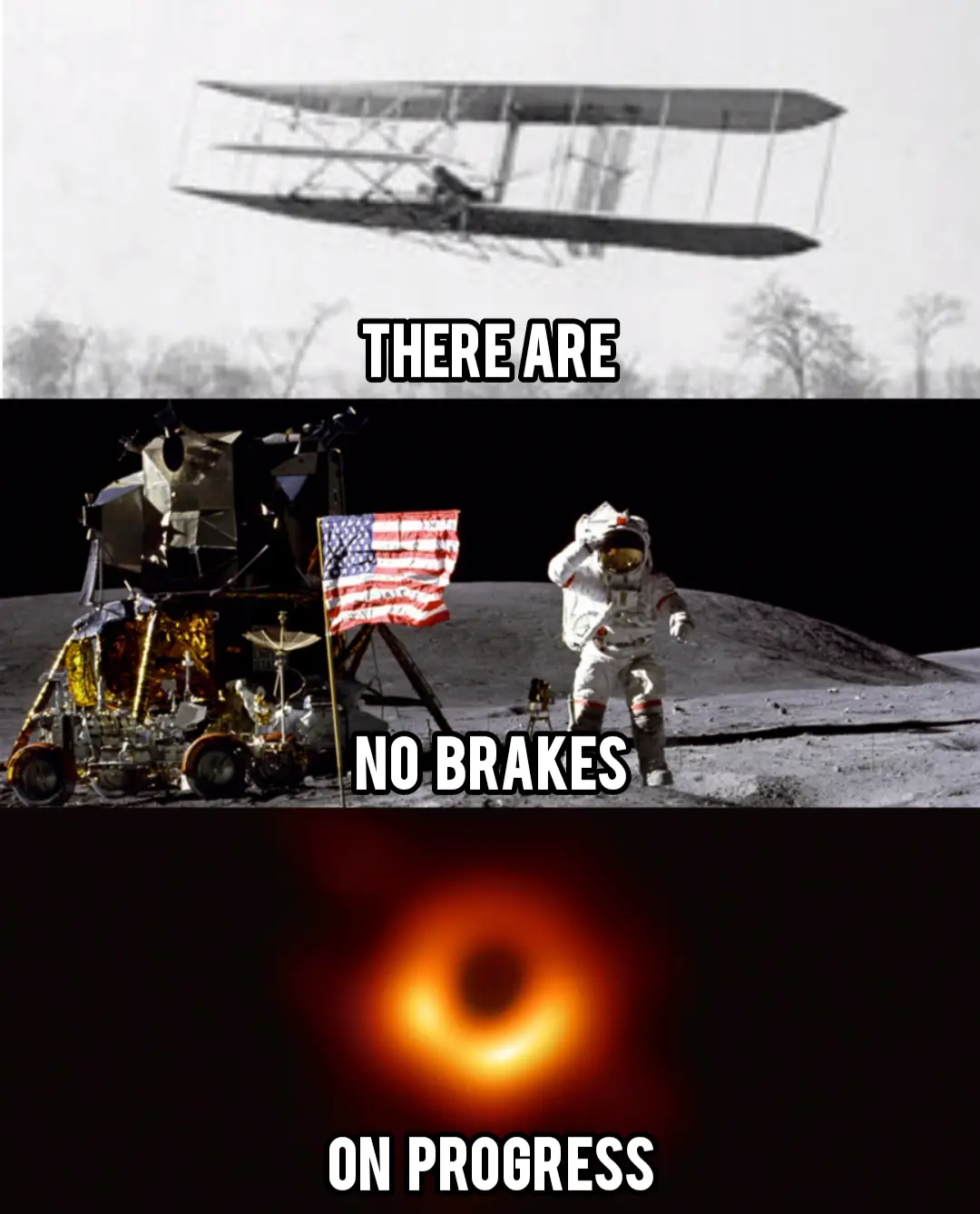 The image is a three-panel meme. The top panel shows a black-and-white photo of a biplane flying over trees with the text…