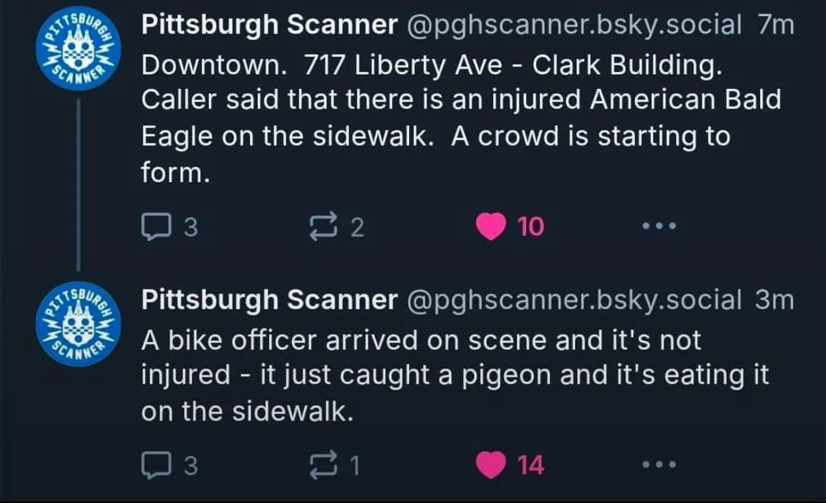 Two consecutive posts from 'Pittsburgh Scanner' on a social media platform show a public alert about an 'injured American…