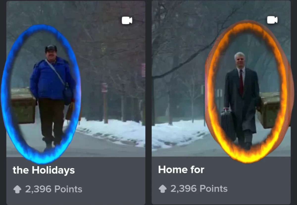 Two side-by-side images show men walking with luggage in snowy settings, each framed by a glowing oval—blue on the left and…