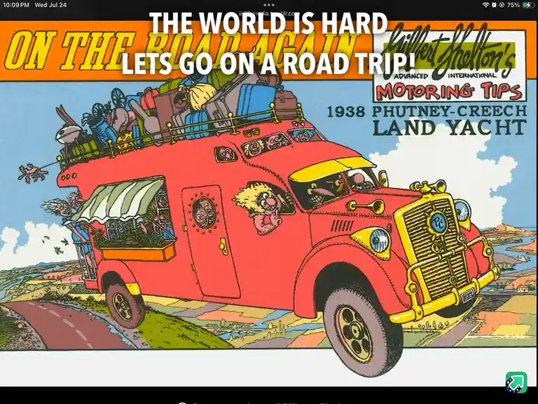 A cartoon illustration of a red, heavily modified 1938 Phutney-Creech Land Yacht, overflowing with luggage and quirky…