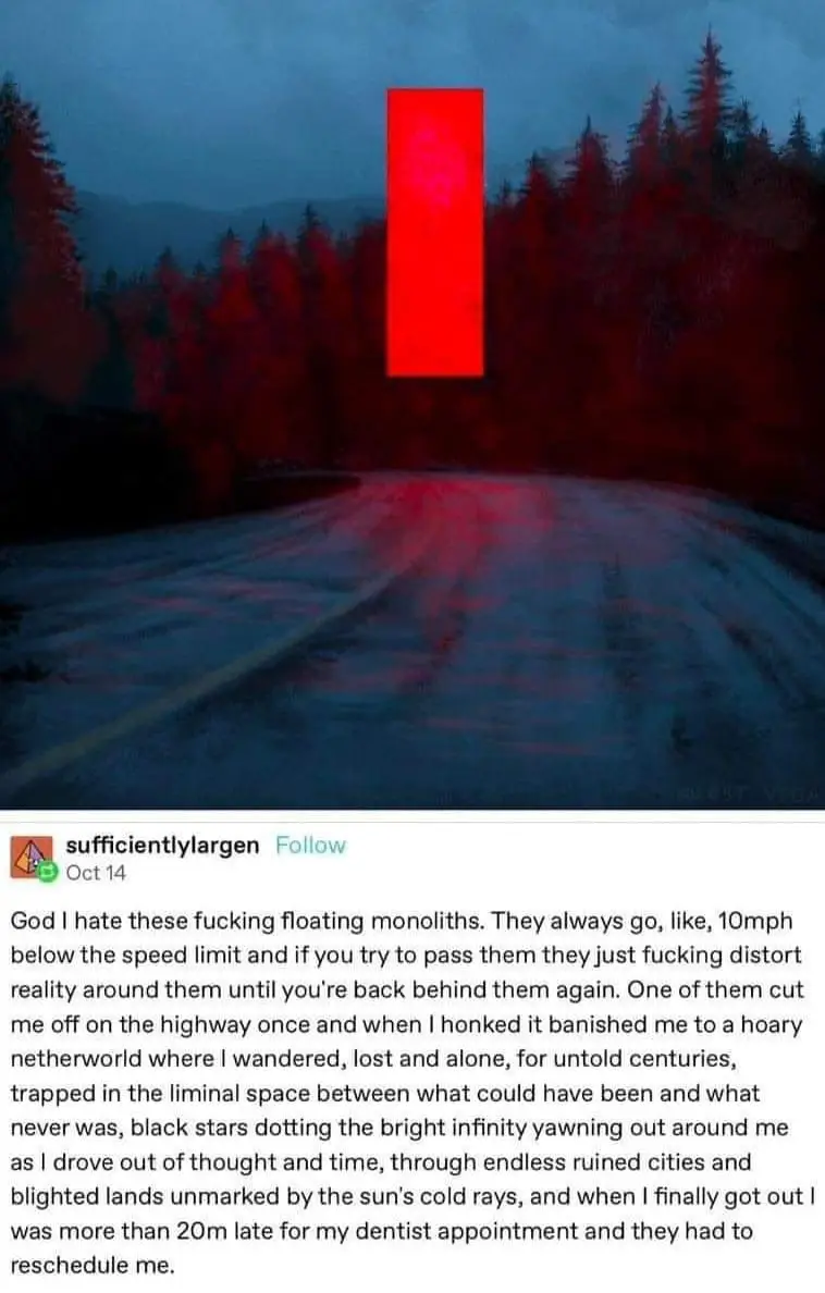 A dark, atmospheric image of a winding road through a forest at dusk or night, with a large, glowing red rectangular…