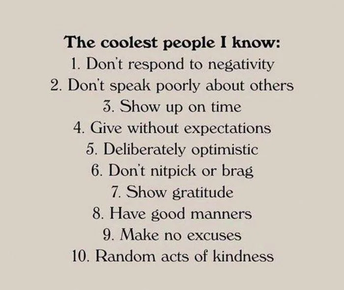 A beige background displays a numbered list titled 'The coolest people I know:' with ten bullet points detailing positive…