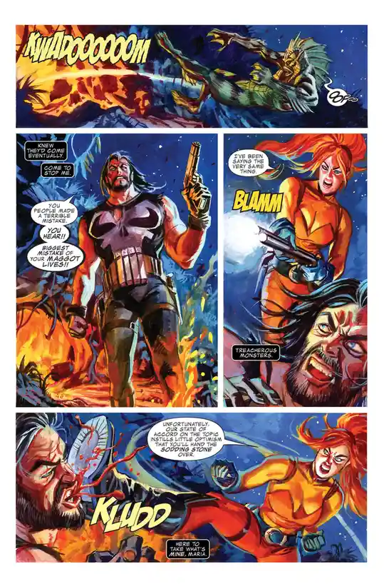 A comic book page shows the Punisher confronting a villain, who is then shot by a woman in an orange suit. The villain…