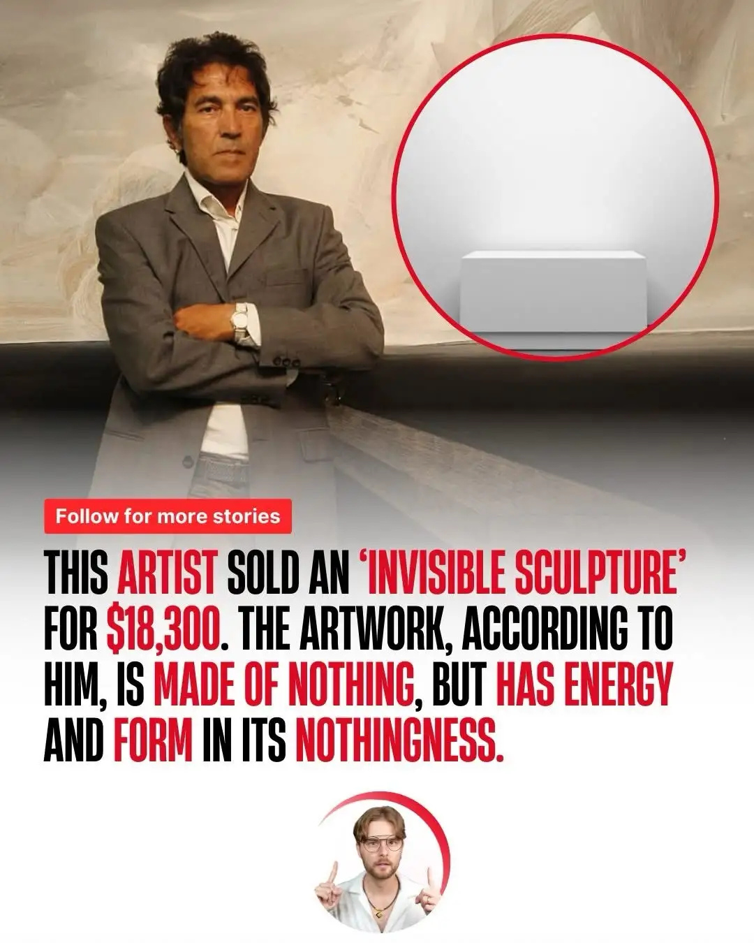 A man in a gray suit stands with arms crossed beside a white pedestal, which is circled in red. The text claims he sold an…