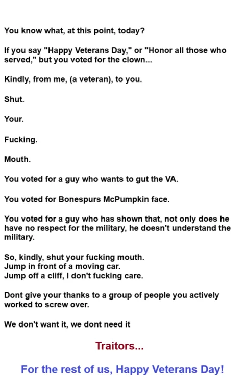 A white-background image displays a block of text in black font, expressing anger from a self-identified veteran toward…