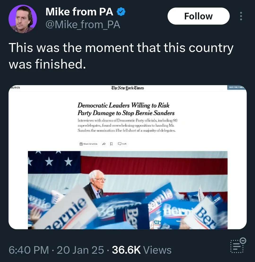 A screenshot of a tweet by 'Mike from PA' shows a New York Times article headline reading 'Democratic Leaders Willing to…