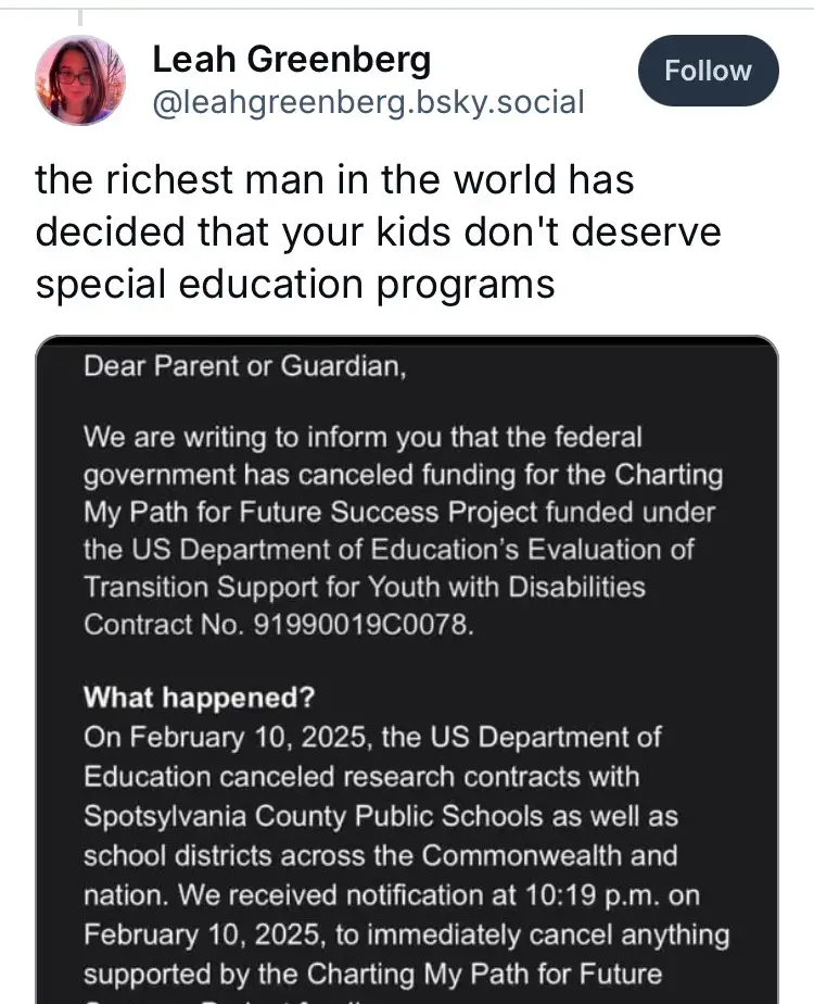 A screenshot of a tweet by Leah Greenberg showing a mock government notice about canceling special education funding…
