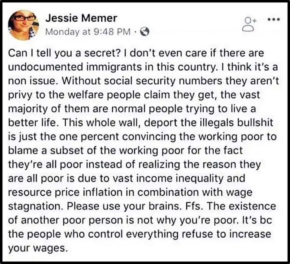 A screenshot of a Facebook post by 'Jessie Memer' from Monday at 9:48 PM, featuring a long block of text that argues…
