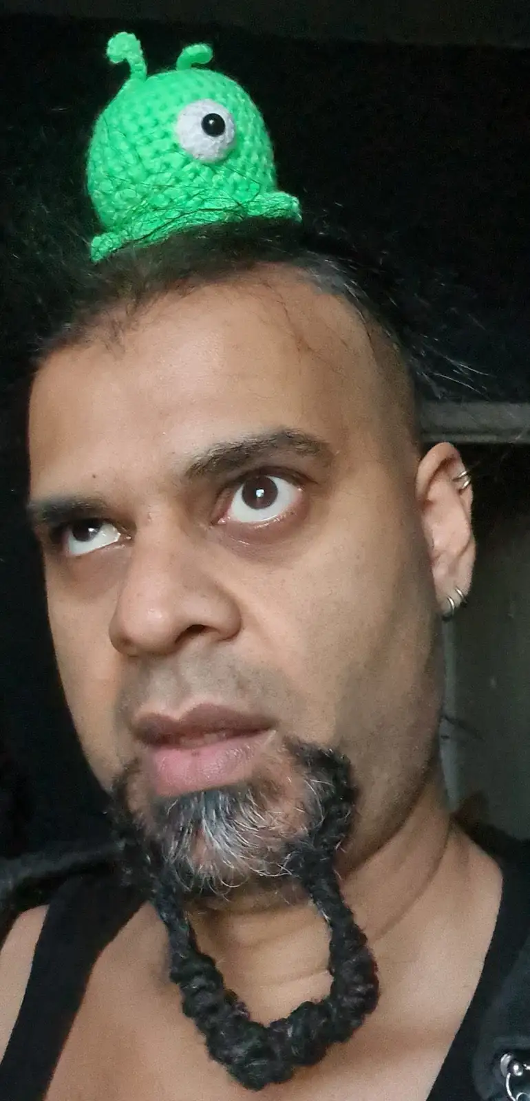 A man with a goatee and braided beard looks sideways with a skeptical expression, while a small green crocheted alien with…