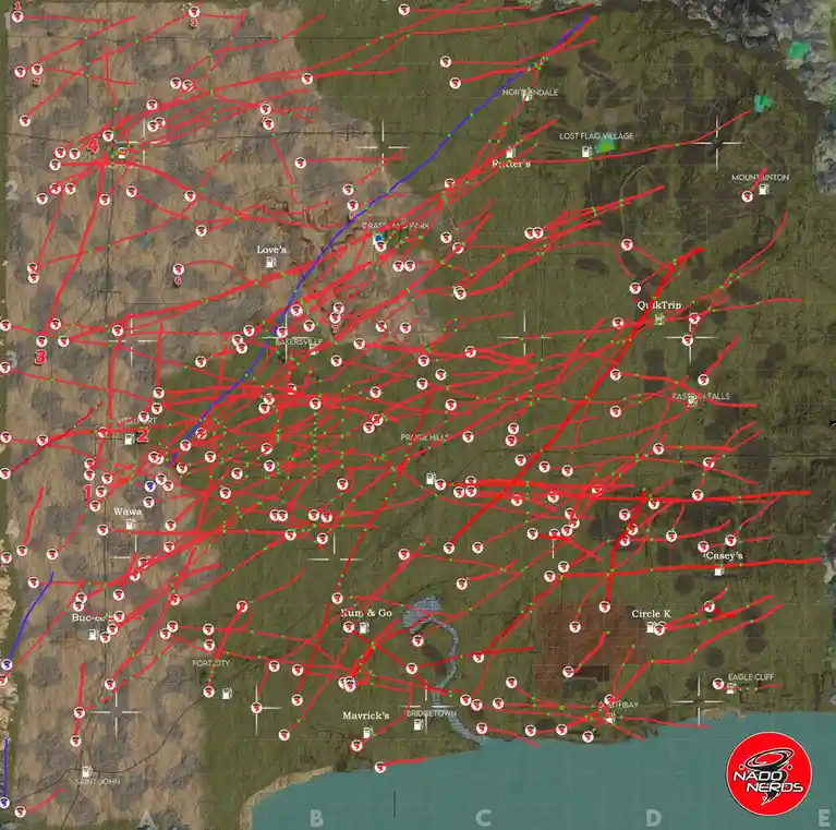 A map of a video game world is overlaid with chaotic red lines connecting numerous gas station icons, including Wawa…
