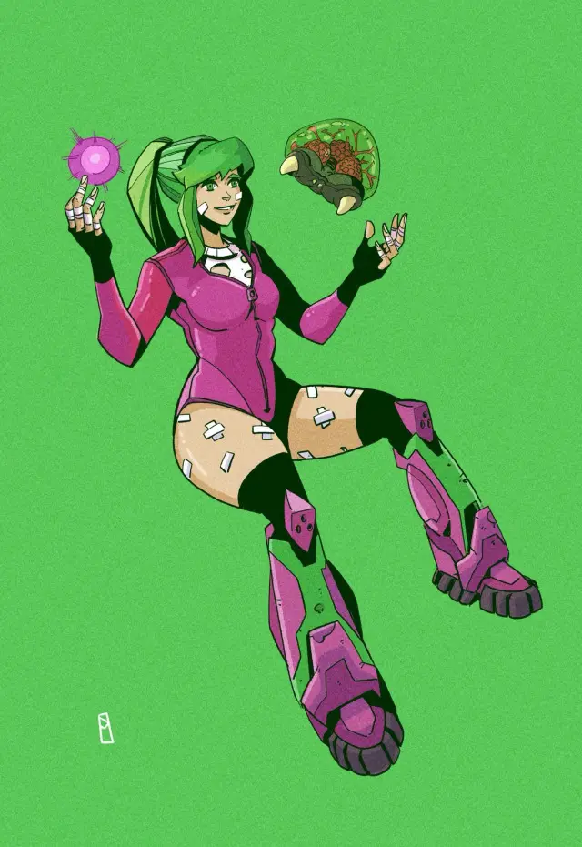 A stylized anime-style female character with green hair and pink armor holds a glowing pink orb in one hand and a grotesque…
