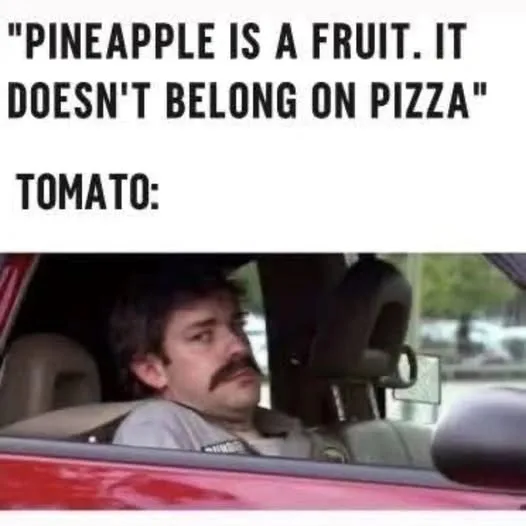 A man with a mustache sits in the driver's seat of a red car, looking annoyed or skeptical. Above him, bold black text…