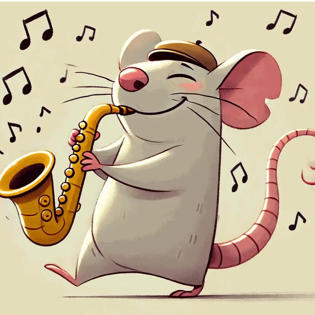 A cartoon mouse wearing a brown cap and playing a golden saxophone, shown in six identical panels arranged in two rows…