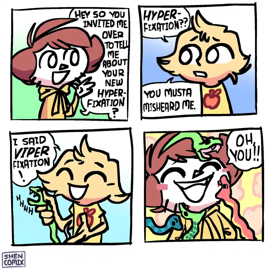 A four-panel comic shows a character inviting another over to discuss their 'hyper-fixation,' which the second character…